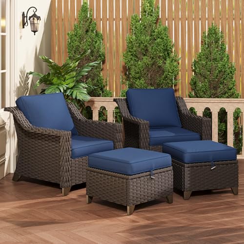 Image of 4 Pieces Patio Conversation Furniture Set - 2 Chairs with Ottomans Set of 2, Outdoor Wicker Armchairs with Water-Resistant and Washable Cushions for Porch, Balcony, Sunroom (Navy Blue) | Patio Chair Set with Olefin Removable Cushion, All-Weather Outdoor Couch with Deep Seat for Porch, Deck and Backyard, Blue