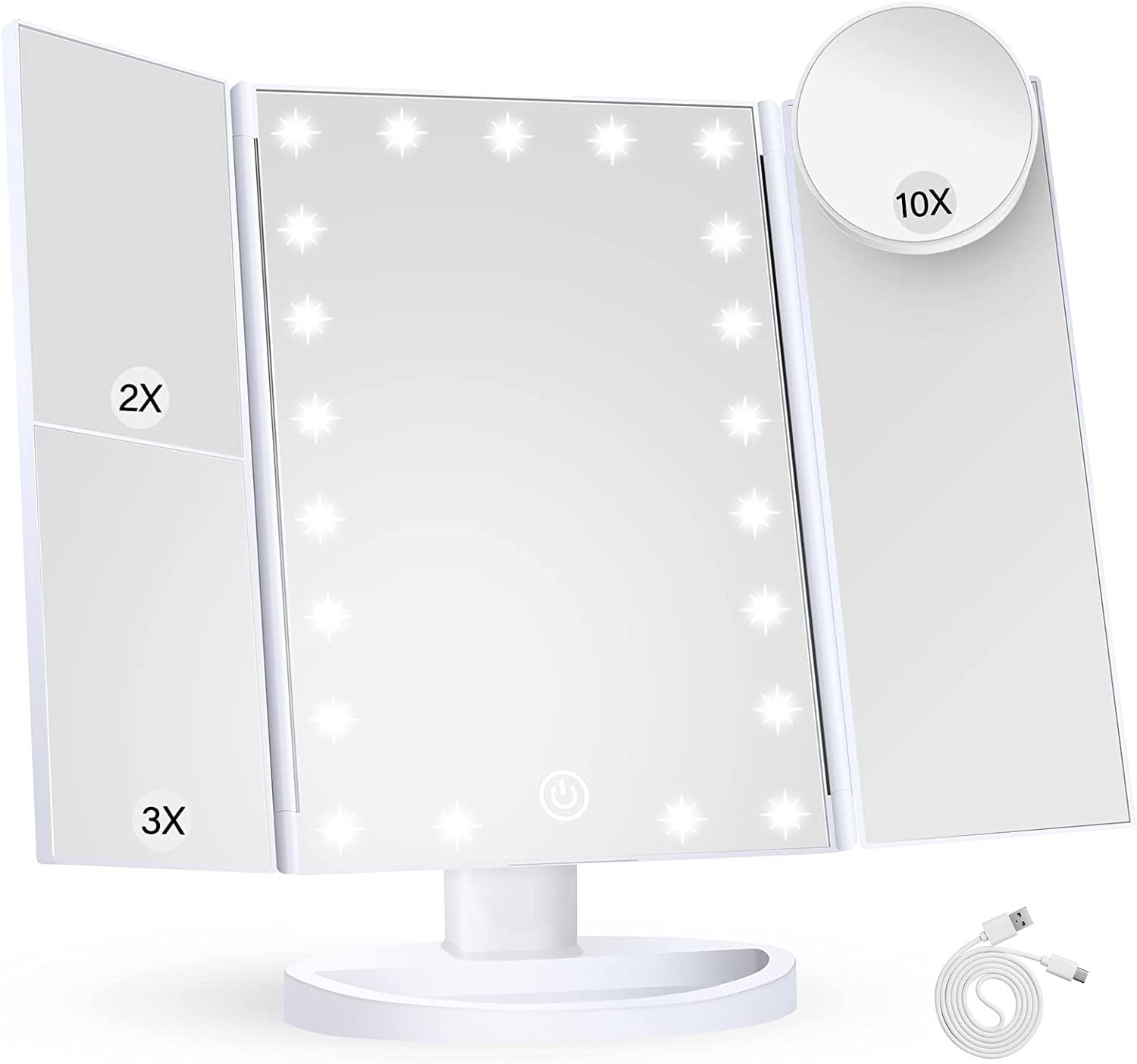 IS MUHE Makeup Mirror Vanity Mirror with Lights 2X 3X 10XMagnification Trifold with 36 LED Lights Touch Screen and USB Charging, 180 Degree Adjustable Stand for Countertop Cosmetic Makeup Mirror