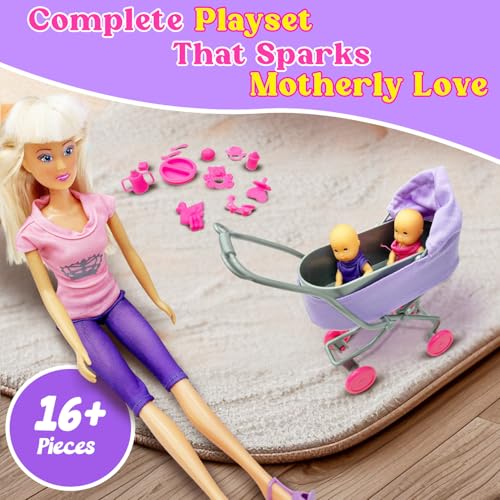 Image of Steffi Love Sunshine Twins| Pretend Play Set with Baby Stroll and Adorable Twin Babies| Unique16+Baby Accessories| Adorable Role Play Set for Girls Age 3+ (Stylish Steffi in Pink & Purple)