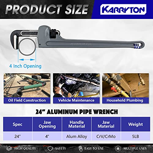 Image of 24 Inch Aluminum Pipe Wrench, 4 inch /100mm Adjustable Cr-Mo Jaw Opening Heavy Duty Straight Handle Plumbing Wrenches, Perfect Plumbers Tool Exceed GGG Standard
