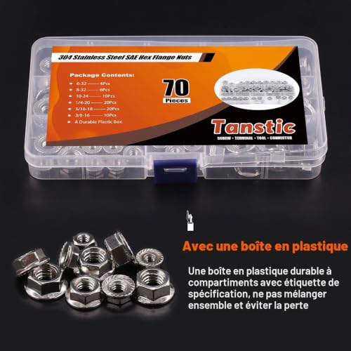 Tanstic 70 pièces 1/4-20 5/16-18 3/8-16 10-24 8-32 6-32 Assortiment d'écrous de sécurité hexagonaux à bride en acier inoxydable – vue 5