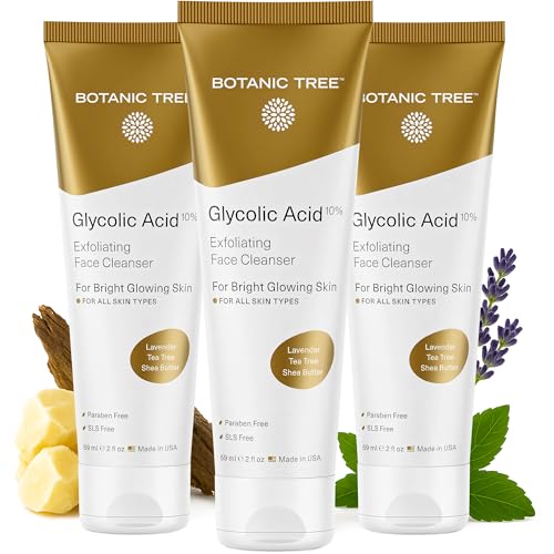 Botanic Tree Lavado facial con ácido glicólico, tamaño de viaje (paquete de 3), limpiador exfoliante facial con 10% de ácido glicólico, orgánico
