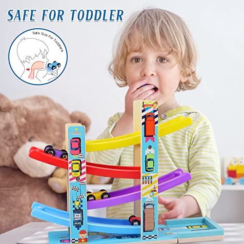 Heirio A42RR Montessori Toys For Toddlers, Children Race Track Toy With 4 Cars And 1 Wooden Parking Lot, Stable Base, Car Ramp Toy For 2 3 Year Old Boy Girl Gifts, 18 Month Old Toys thumb #4