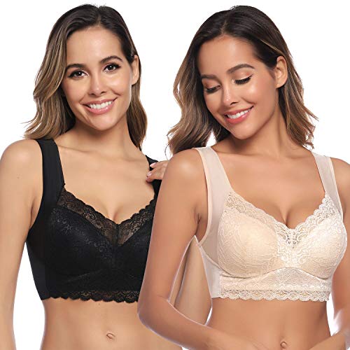 Aibrou Damen 2 Paar Nahtlos Spitzen BH ohne Bügel Gepolstert mit Große Cup Comfort Bra Schwarz XXL