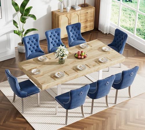 Image of Oak Dining Room Table Set for 8, 9-Piece 63 inch-78.74 inch Extendable Dining Table Set with 8 Upholstered Chairs, Rectangle Wooden Expanding Kitchen Table and Blue Chairs Set