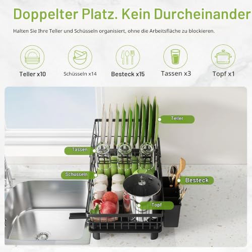 Boosiny Abtropfgestell Geschirr aus Edelstahl mit Abtropfschale, Schwarz – Ansicht 5