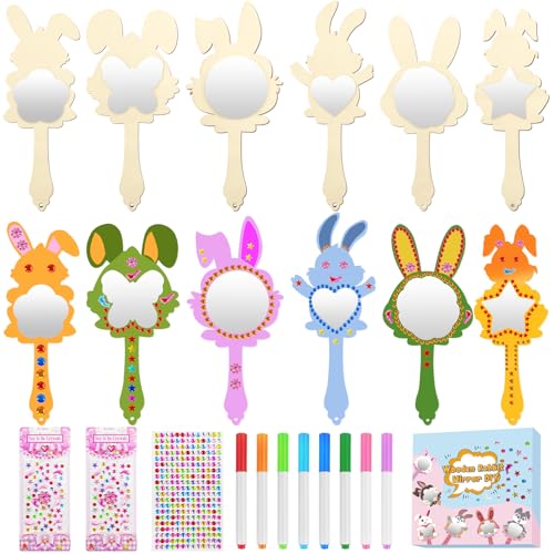 Annickee 12 Piezas Espejo de Madera de Bricolaje Espejo Conejo de para Pintar Kit de de para Niños