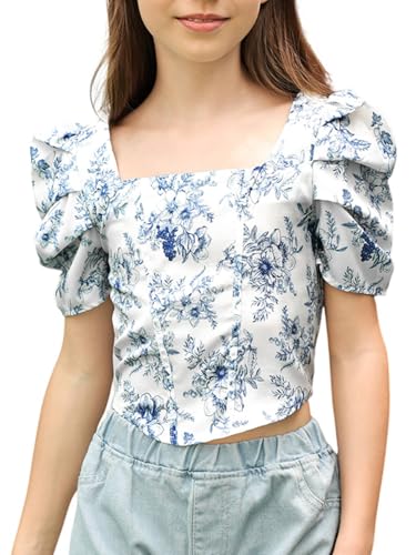 Milumia Girl's Floral Print Puff Short Sleeve Crop Tops Square Neck Shirred Back Top