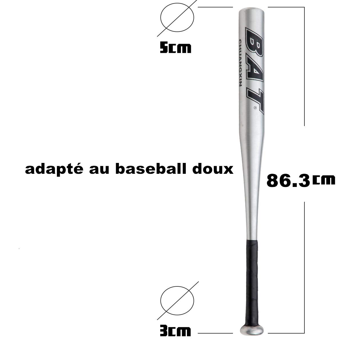 Batte de Baseball Aluminium 34 Pouces Bleu Noir Argent au Choix Batte Base-Ball métal Adulte Pro Léger pour Exercice Joueurs Jeu Homme Femme 86cm de Longueur Solide Durable à la Mode (Argent)
