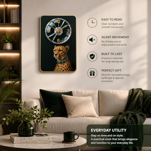 Image of Luxury Cheetah Wall Clock for Living Room | 18x12 Inch Silent Quartz | Crystal Dial Gold Frame | Animal Art Decor for Home, Office & Gifting
