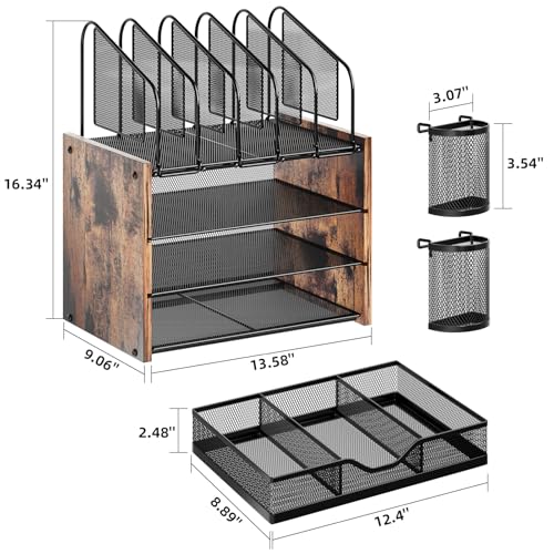 Image of Marbrasse Desk organizer with Drawer, 4-Tier Wooden File Organizer with 5 Vertical File Holders and 2 Pen Holders, Desk Organizers and Accessories for Home Office - Dark Brown