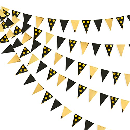 Image of 30Ft Black Gold Party Decorations Polka Dot Pennant Banner Paper Circle Dot Triangle Flags Bunting Garland for Wedding Bridal Shower Birthday Bachelorette Engagement Anniversary Holiday Party Supplies