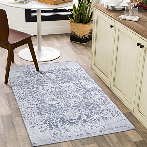 Roomtalks Flatweave Ultra Thin Vintage Persian Entryway Rug 2’X3’ Non-Slip Heavy Duty Tpr Backed, Ivory And Gray Oriental Front Door Mat Outdoor Indoor Entrance Boho Distressed Entry Porch Rug Decor #TOP1