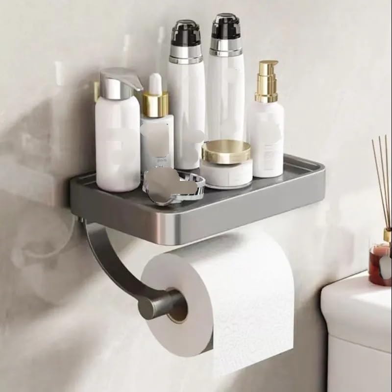 Toilettenpapierhalter 1PC Wandmontierter Toilettenpapierständer Regal mit Tablett Aluminiumlegierung Nagelfreier Toilettenpapierhalter(White)