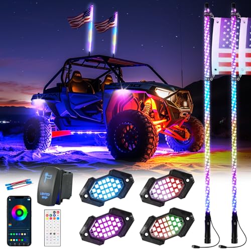 Blogole 4FT Whip Light and Rock Light Combo Kit with Spring Base, Switch, App Control, Universal for...