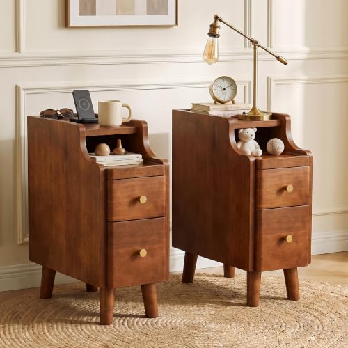 Image of Nightstand with Drawers Set 2, Pre-Assembled, 19.7 inch H Natural Solid Wood Night Stand with Open Sliding Shelf, Mid Century Modern Small Bedside Table Cabinet for Bedroom, Walnut 8 inch