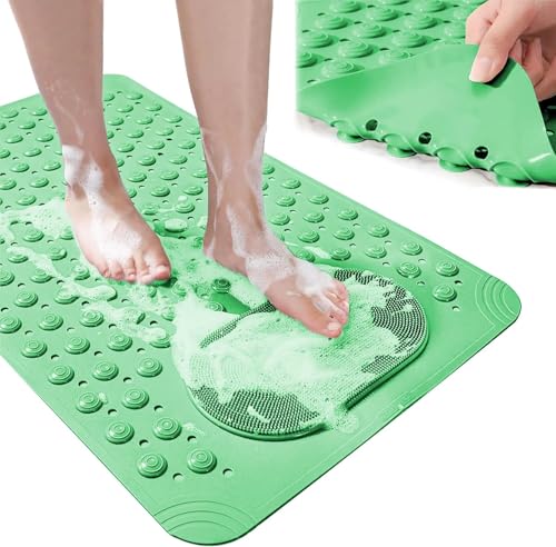Image of Charge -X Anti Slip Bath Mat with Foot Scrubber for Bathroom | 2-in-1 Silicone Shower Mat with Suction Cups & Drainage Holes | Deep Cleaning Foot Scrubber Massage Mat (70 x 35 cm) Green