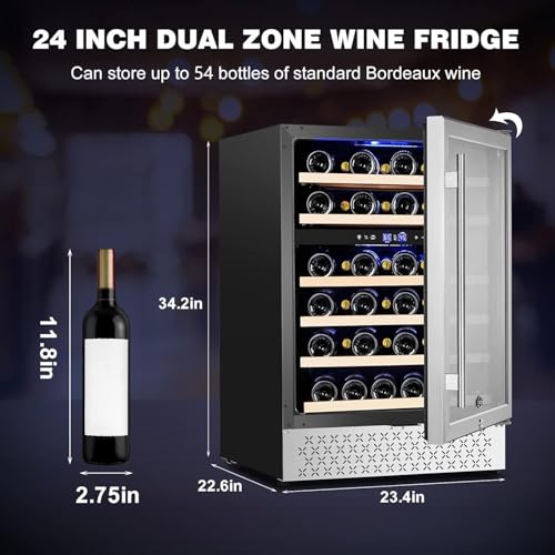 Image of Tylza 24'' Wine Fridge, Dual Zone Wine Refrigerator, 54 Bottles, Lock, Glass Door, Built-in Compressor, 6 Adjustable Shelves, Undercounter or Freestanding, Wine Cooler Refrigerator for Home Bar Office