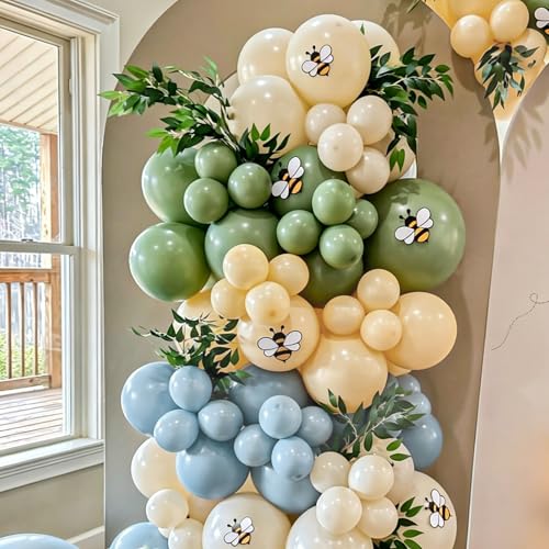 Image of Sage Green Dusty Blue Nude Balloon Kit with 3 Bobo Balloons 139Pcs Sand White Latex Balloons for Bear Baby Shower Wedding Birthday Party Decorations for Boy Girl Adult