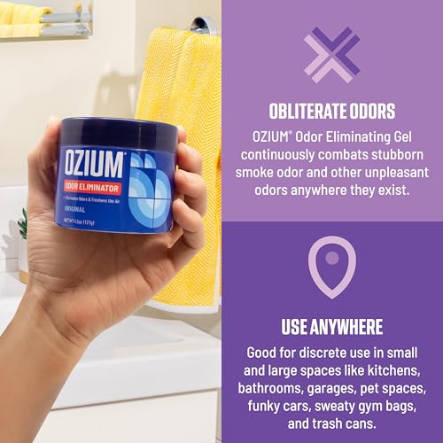 Image of Ozium Odor Eliminating Gel - 4.5oz Air Freshener Alternative for Smoke, Pets, and Musty Odors - Long Lasting Odor Remover for Cars, Homes, Closets and Small Spaces - Lavender