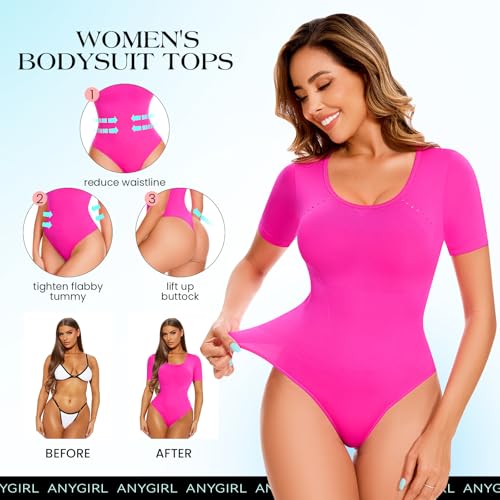 Image of Anygirl Short Sleeve Shapewear Bodysuit for Women Tummy Control Round Neck Body Shaper Seamless Thong Bodysuits T-Shirt Tops