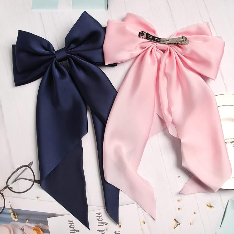Image of FilterFashion Big Satin Layered Hair Bows for Women Girls 11.5 Inch Barrette Hair Clip Long Back Ribbon Bows French Style Hair Accessories (NavyBlue,BabyPink)