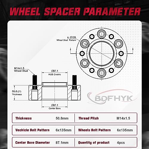 Image of BDFHYK 6x135mm Wheel Spacers, 2 inch Hubcentric Wheel Spacer Compatible with F150 Expedition Lobo 2015-2022, Forged 6 Lug Wheel Adapters M14x1.5 & 87.1 mm Hub Bore Compatible with Navigator, Set of 4