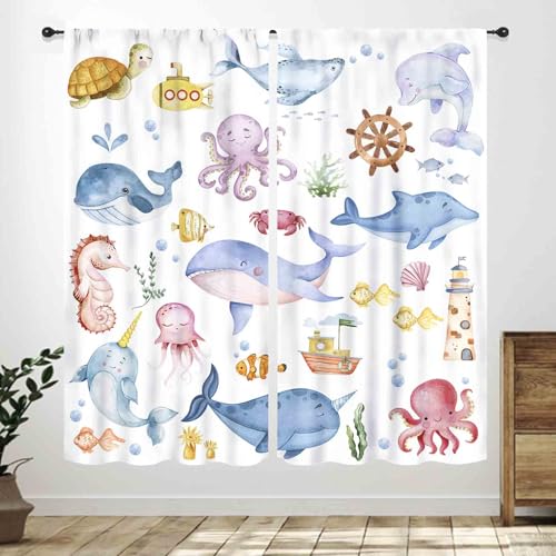 Kids Nautical Curtains,Cartoon Cute Ocean Fish Shark Underwater Tropical Fish Coral Colorful Animal Window Treatments for Girls Boys Baby Bedroom...