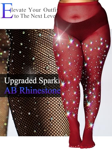 Image of HONENNA Queen Plus Size 10X Strong Rhinestone Fishnet Stockings, Ultra Sparkly High Waist Tights for Women, Party Concert
