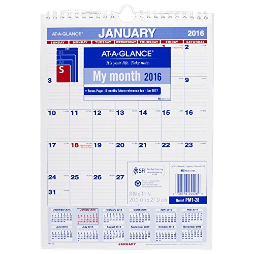 AT-A-GLANCE Monthly Wall Calendar 2016, 8 x 11 Inches (PM1-28)