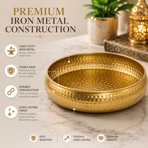 Image of Hammered Iron Metal Decorative Bowl with Golden Finish for Home Decor, Centre Table, Festive Decoration & Diwali Gift - 8 Inch