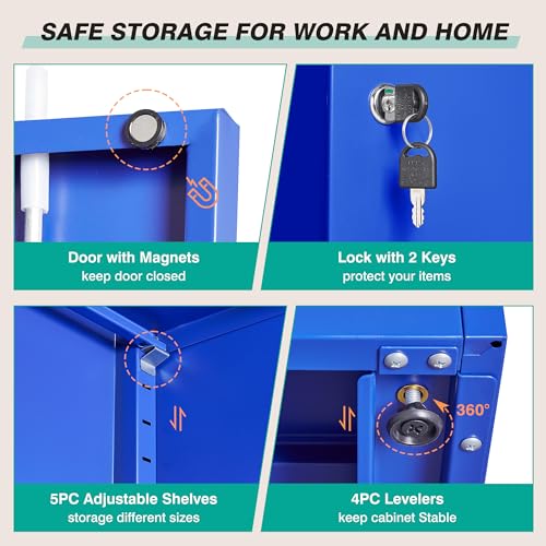 Image of SISESOL Blue Metal Storage Cabinet with 6 Shelves,71 inch Garage Storage Cabinet with Lock,6 Tier Steel Cabinets with Locking Doors,Lockable Cabinets for Home,Office,Shop,Garage