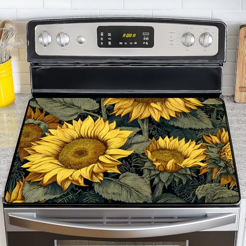 Image of NYZE Stove Cover for Electric and Glass Stove Tops 3-in-1 Stove Mat, Heat Resistant Counter Protector Mat, Non-Slip Surface & Drying Rack (Retro Sunflowers, 28.5 inchLx20.5 inchW)