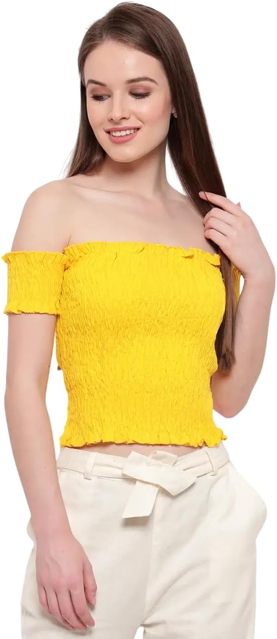 UMIKA IMPEX Women's Rayon Solid Off-Shoulder Smocked Crop Top Short Sleeve Casual Styles Tank Top (Free Size) Multi31