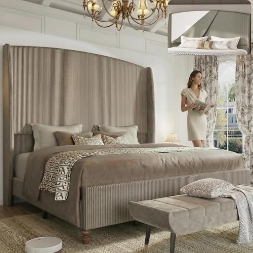 65.7" Tall Headboard King Size Upholstered Wingback Bed Frame, Light Gray
