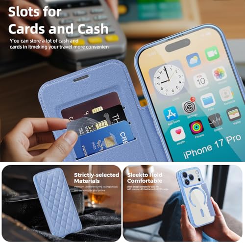 Dteck for iPhone 17 Pro (6.3") Flip Wallet Case with Magnetic Clear Back/Camera Lens Protector, Wireless Charging Compatible, 3 Card Slots, RFID Blocking, PU Leather Protective Slim Cover, Blue by Dteck - Image 4