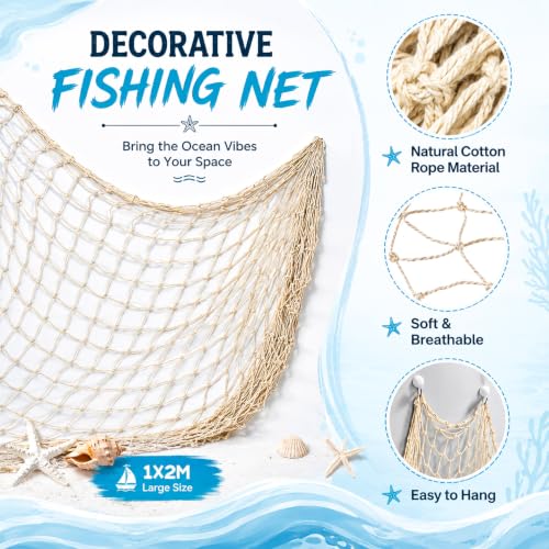 Image of Sukh Fish Net Decorations for Party - 4PCS 39.37 * 78.74 in Fishing Net Decoration Netting for Wall Photo Hanging Nautical Fishnet Table Runner Decorative Ocean Theme Birthday Party Rope Nets