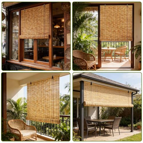 Store enrouleur bambou respirant blanc naturel style rétro extérieur