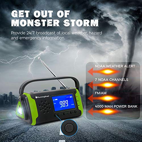 Emergency NOAA Weather Crank Solar Powered Portable Radio with 4000mAh Battery Power for Cell Phone, Bright Flashlight for Household Emergency and Outdoor Survival (097-Green)