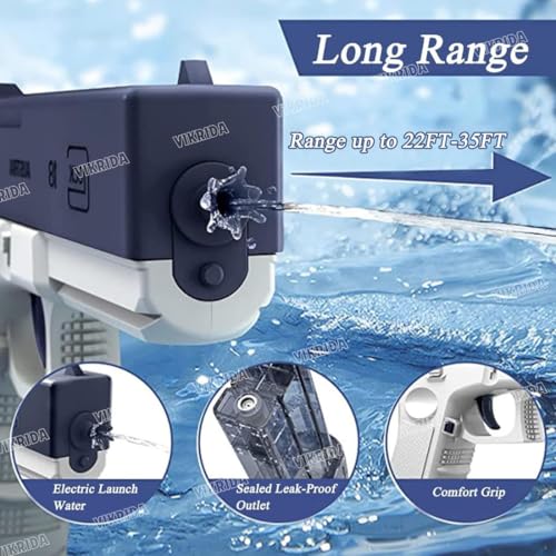 Image of VikriDA High-Pressure Electric Water Blaster Gun with Free Extra Rechartgeable Battery | Automatic Holi Pichkari with 58 CC Tank & 25-32 Feet Range - Powerful Squirt Gun for Kids (Blue)