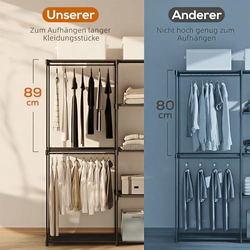 HOMCOM Kleiderschrank Stoffschrank mit Kleiderstange und Ablagen, Stoffkleiderschrank für Schlafzimmer und Ankleidezimmer, 142 x 43 x 185 cm, Schwarz