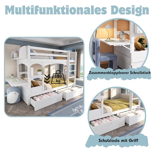 Dolamaní Litera para 2 niños, 90 x 200 cm, madera con escritorio plegable, cuna con protección anticaídas, litera con escalera y 2 cajones, cama de madera maciza, color blanco para habitación juvenil - imagen 3