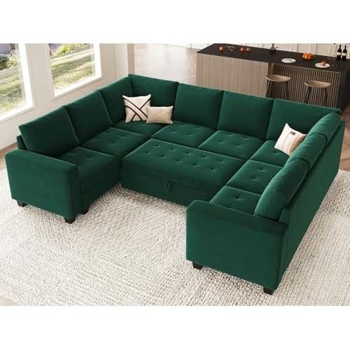 Belffin Modular Sectional Sleeper Sofa with Pull Out Bed - Velvet U Shaped Couch for Living Room - Green U shape sofa Green