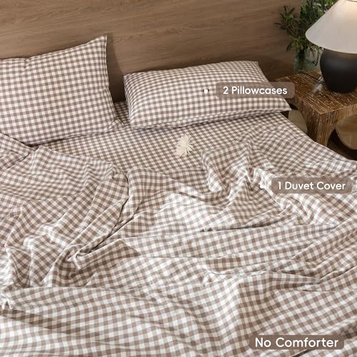 Image of MooMee Gingham Duvet Cover Set 100% Washed Cotton Linen Like Textured Breathable Durable Soft Comfy Modern Checkered Design (Brown Gingham, Queen 90 inchx90 inch)