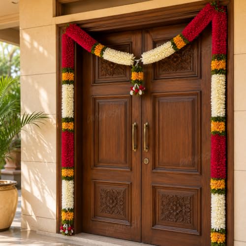 Image of Divyakosh Toran Set (with Side Hanging), Toran for Main Door Entrance, Fabric, Handmade, Dark Pink & White Floral Banderwal, Big Size, Width 3.5 FT & Height 4 FT