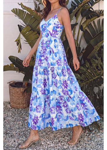 Image of KIRUNDO Sundresses for Women 2026 Spring Summer | Boho Floral Print Hawaiian Style, Sleeveless Spaghetti Strap, With Pockets, Beach Vacation Cruise Flowy Maxi Dress