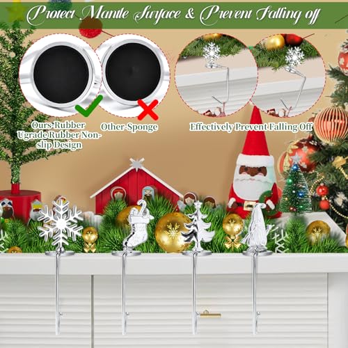 Christmas Stocking Holders for Mantel Set of 4, Non-Slip Adjustable Mantle Stocking Holders, Snowflake Snowman Reindeer Pine Tree Fireplace Stocking Hangers Set for Party Christmas Decorations