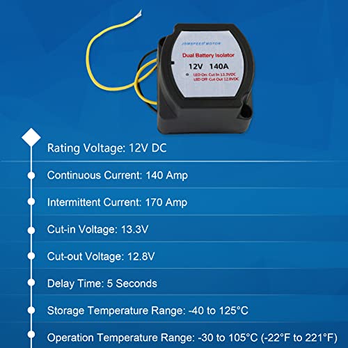 Dual Battery Isolator Kit 12V 140Amp Voltage Sensitive Relay Replacement For Trucks Vehicle ATV UTV Boat Camper 4WD Rzr RV Car Watercraft Marine VSR Double Battery Automatic Charger & Wiring Cable Kit - Thumbnail 3