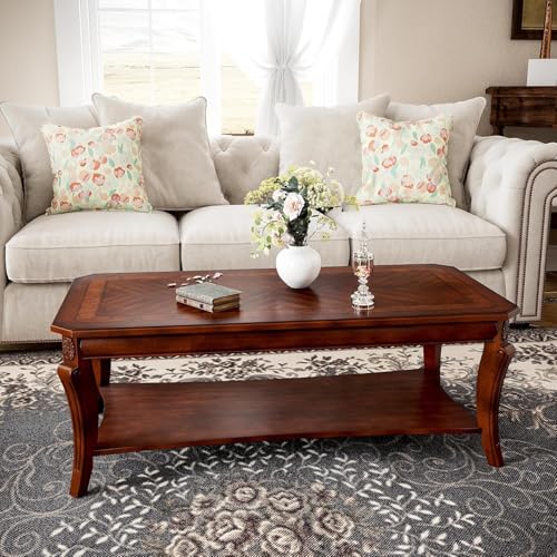 PADMA HOUSE Rectangle Coffee Table for Living Room, Traditional Tea Table with Storage Shelf, Solid Wood Rustic Center Table (1, Walnut, 120 * 60 * 45,5)