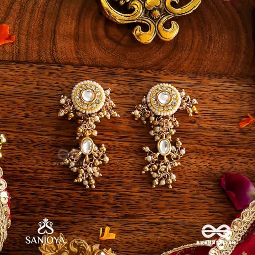 Image of SANJOYA by EVERSTYLISH Kundan Earrings for Women | Classic Pearl & Gold Accent Dangler Earrings | Ethnic Jewelry for Weddings, Festivals & Special Occasions